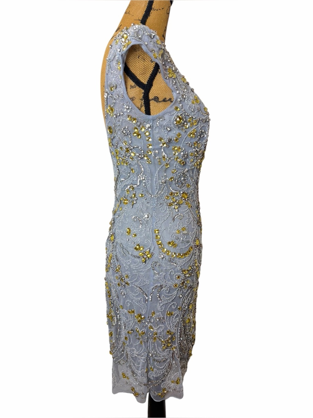 Sherri Hill Beaded Cocktail Dress Blue Gray Gold Embellished Open Back Size 8 - Picture 7 of 10